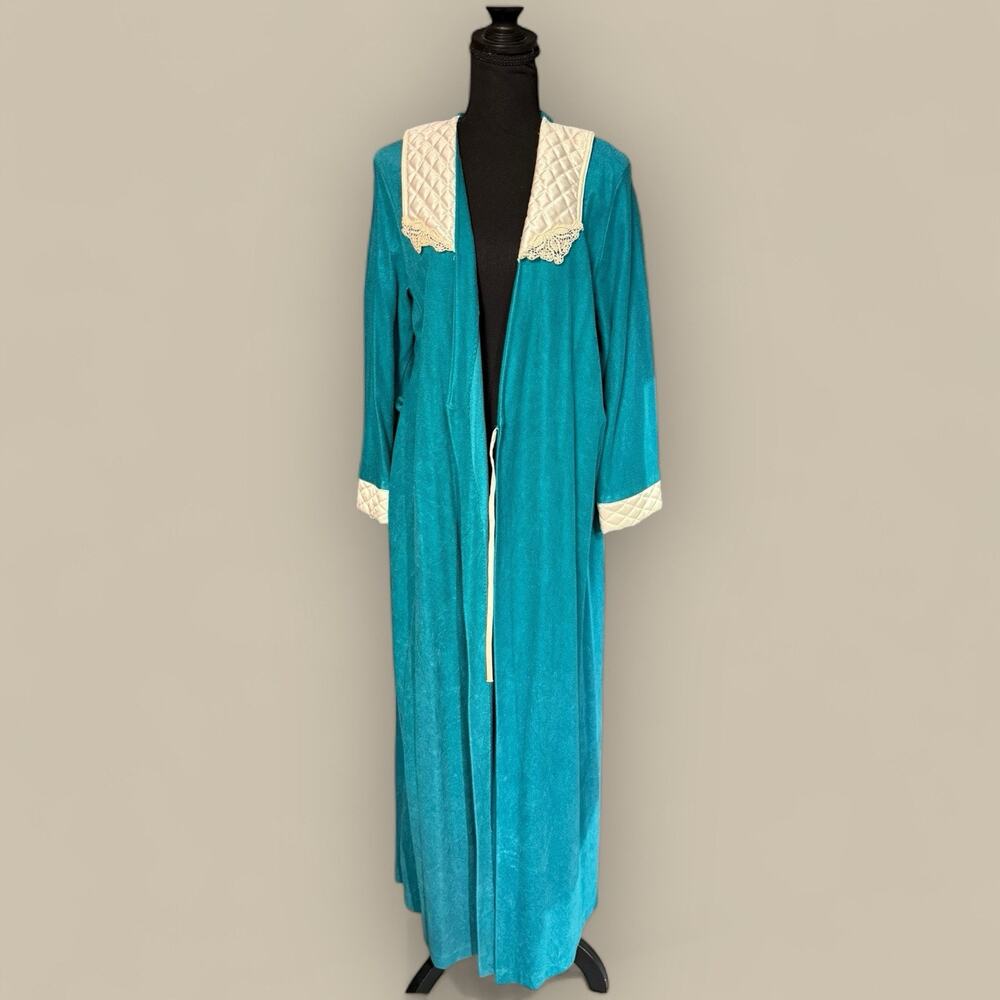 Vtg Nouvelle Quilted Collar Long Robe House Coat Size Large Teal 80s Sleepwear